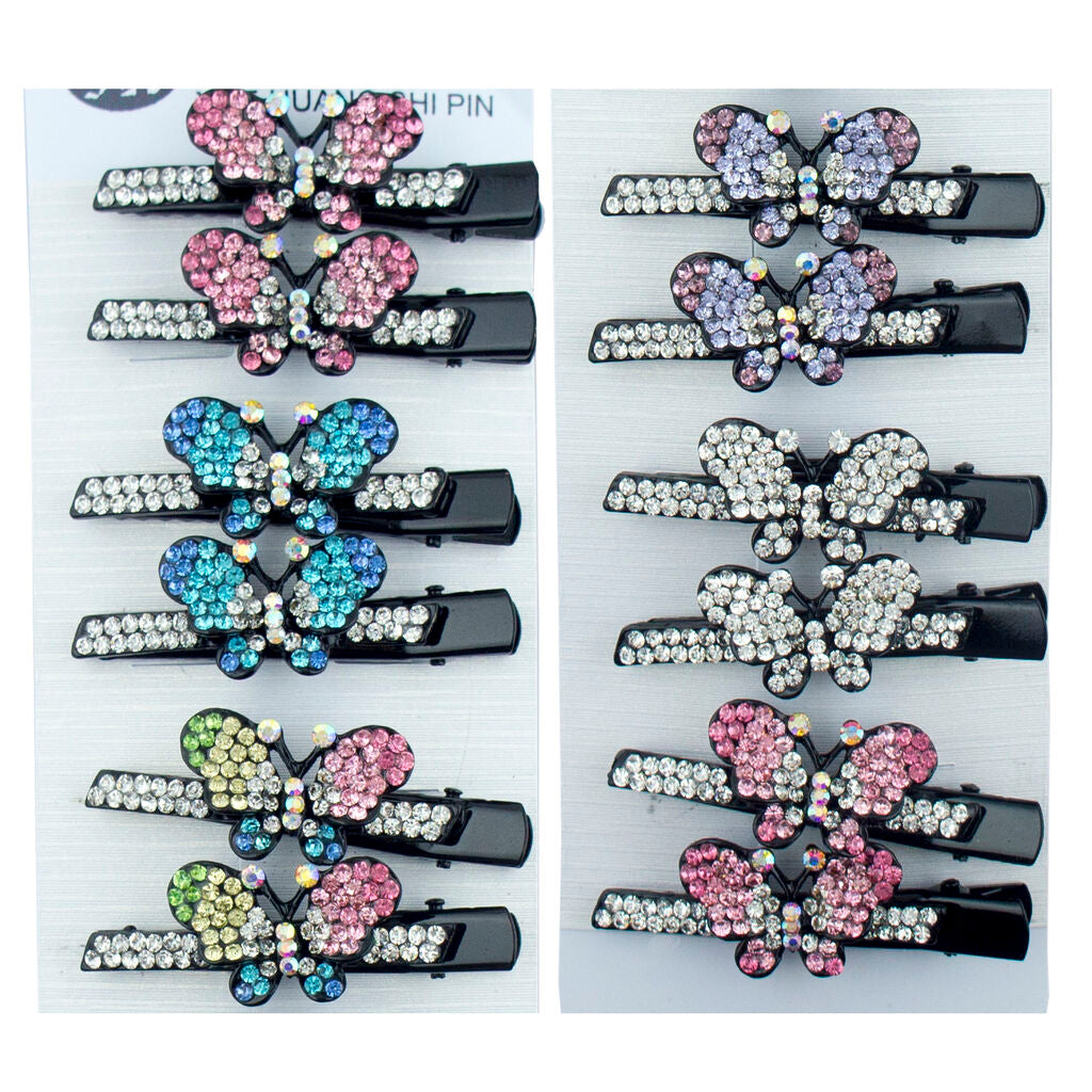 Shiny Butterfly B Crystal Hair Clips Barrettes - Pack of 3 Pairs