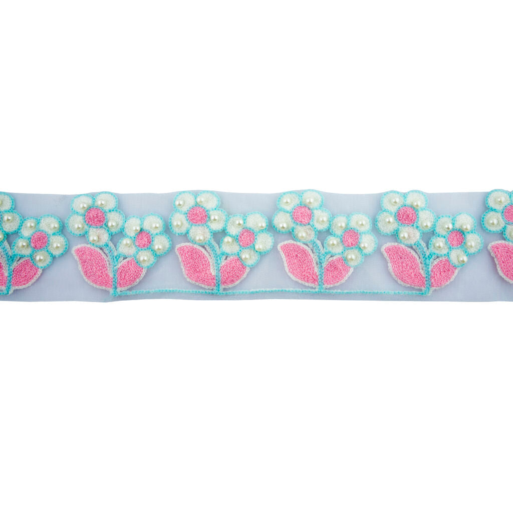 Pastel flower design fabric trim with net backing and pearl effect beads.