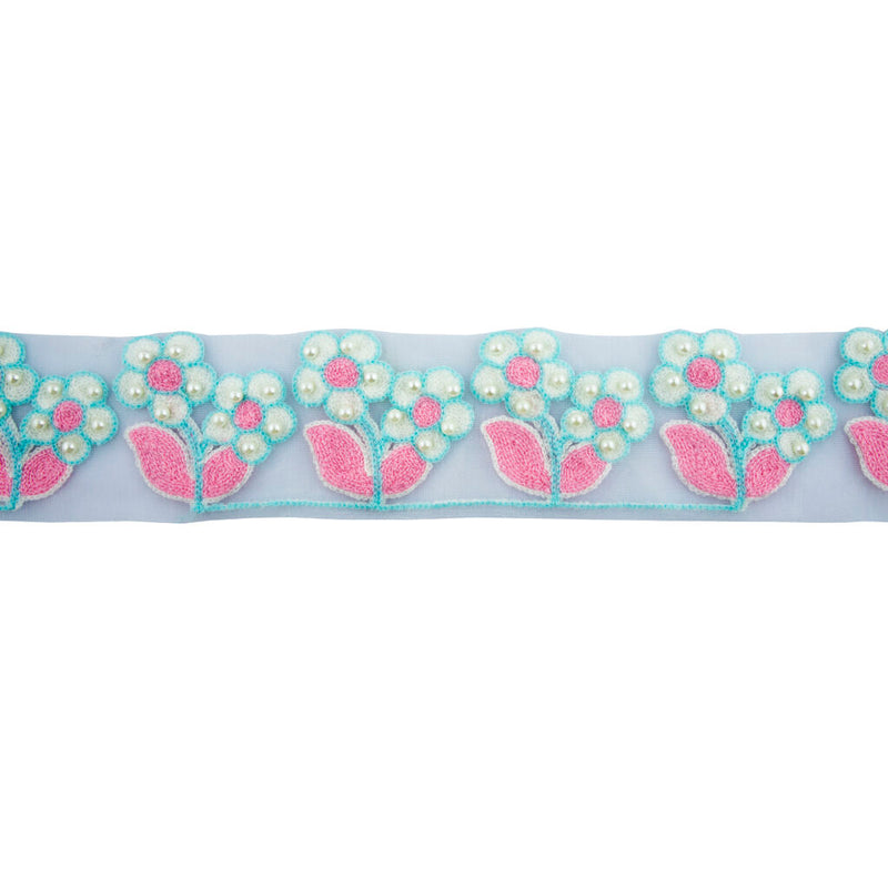 Pastel flower design fabric trim with net backing and pearl effect beads.