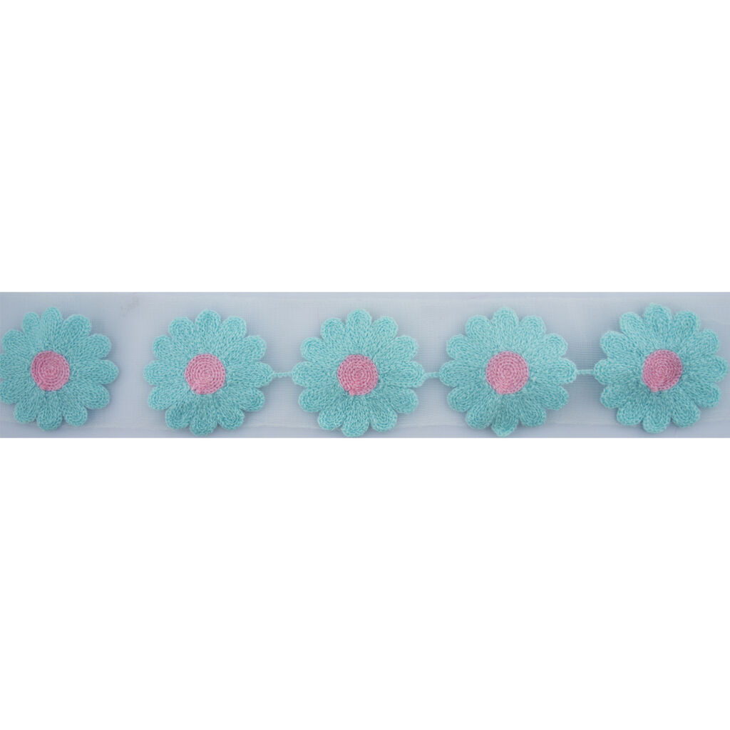 Close-up of blue and pink knitted flower decorative trim on net backing.