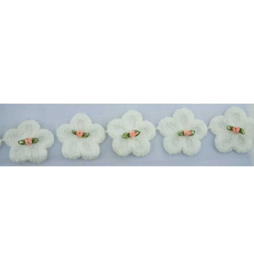 Knitted snow white flower decorative trim with net backing.