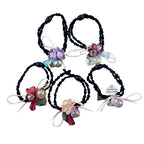 Pack of 5 black hairbands with silver tone heart charms.