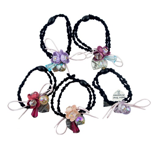 Pack of 5 black hairbands with silver tone heart charms.
