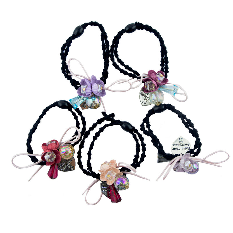 Pack of 5 black hairbands with silver tone heart charms.