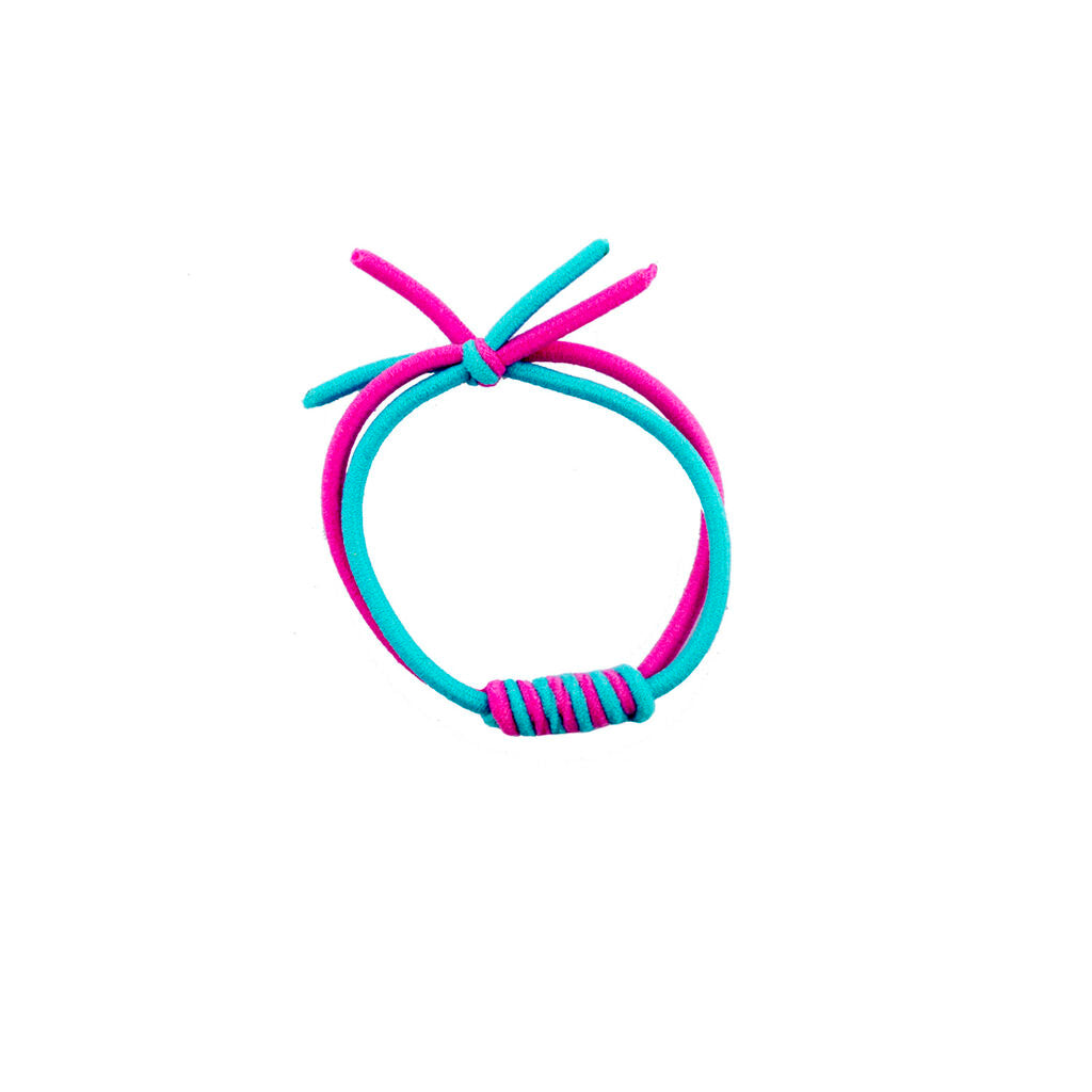 Close-up of a pink and blue elasticated hair band for ponytails.