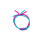 Close-up of a pink and blue elasticated hair band for ponytails.