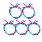 Five two-tone twisting elasticated hair bands in pink and blue.