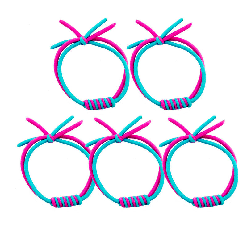 Five two-tone twisting elasticated hair bands in pink and blue.