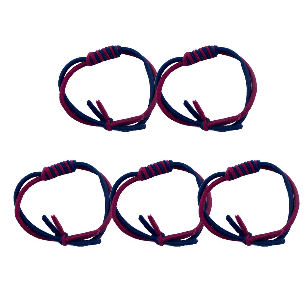 Pack of 5 two-tone navy and burgundy elasticated hair bands.