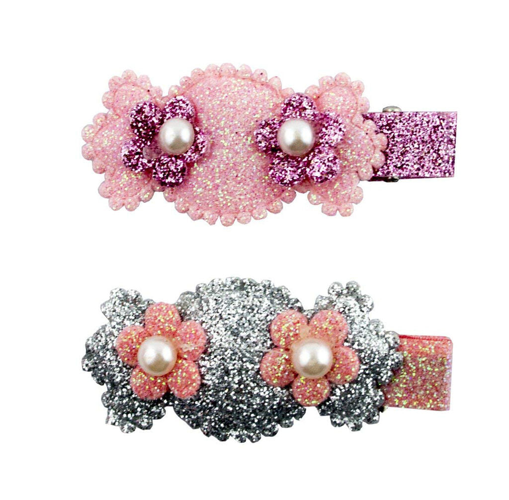 Pair of glittery candy hairclip barrettes with flowers