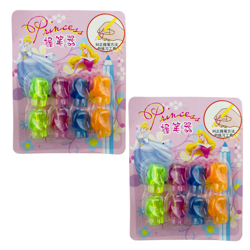 Two packs of Disney Princess ergonomic pen and pencil grips with soft rubberised texture.