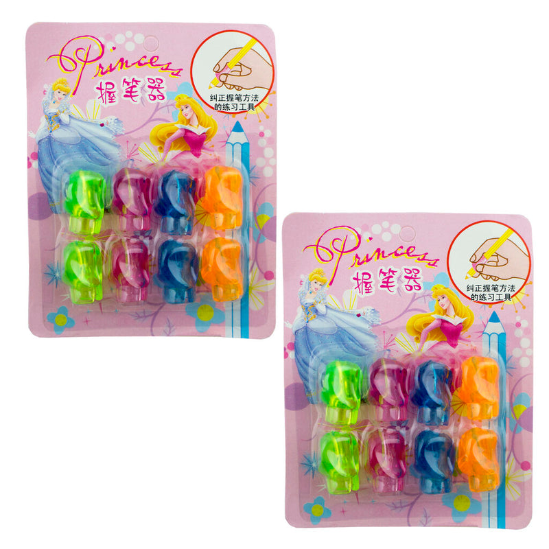 Two packs of Disney Princess ergonomic pen and pencil grips with soft rubberised texture.