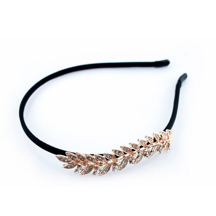 Stylish Black Head Band with a Pretty Copper Tone and Clear Crystal Fern Motif