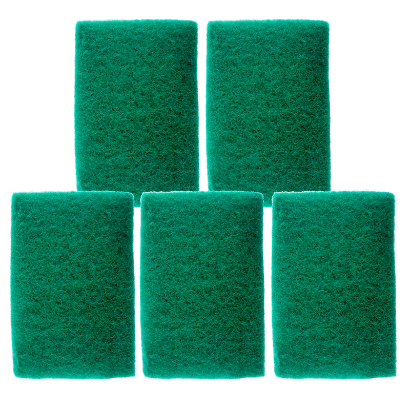 Pack of 10 green kitchen scouring pads, 15 x 10 cm each.