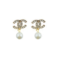 Set of 2 stylish pearl bead and gold tone brooches with white crystals
