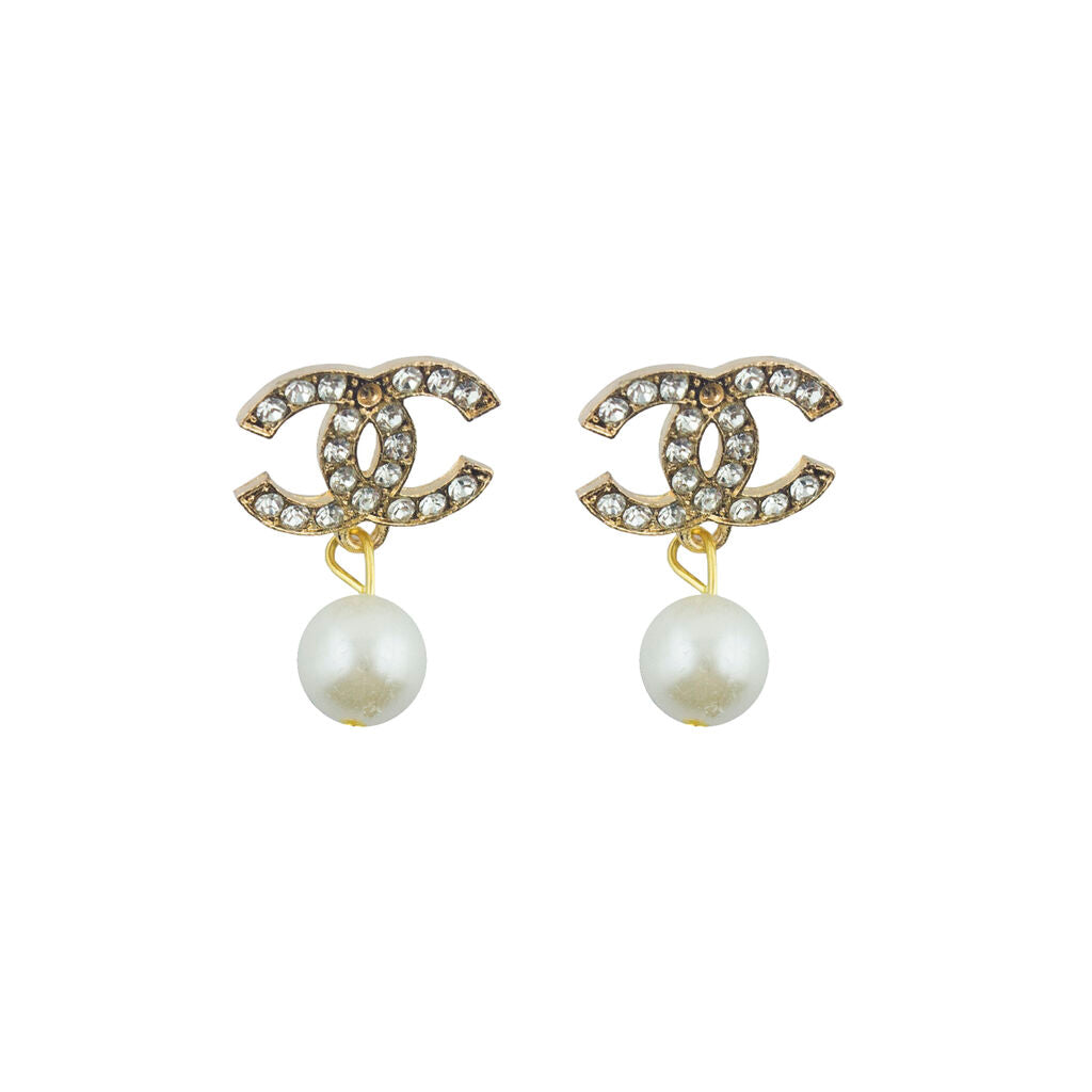 Set of 2 stylish pearl bead and gold tone brooches with white crystals