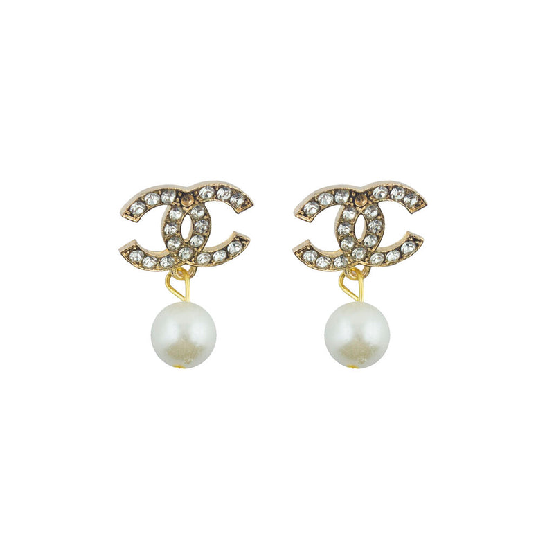 Set of 2 stylish pearl bead and gold tone brooches with white crystals