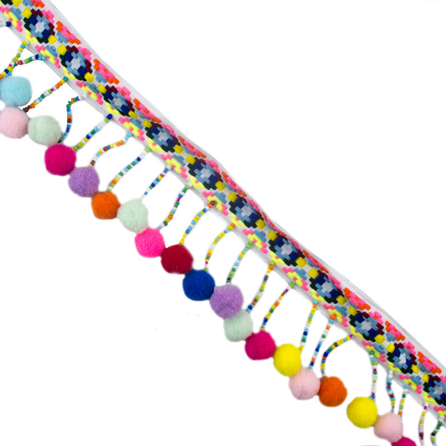 Colourful Pom Pom Trim Embellishment with Multicoloured Base - 2 Metres