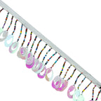Teardrop shaped pink sequin trim with colourful beading.