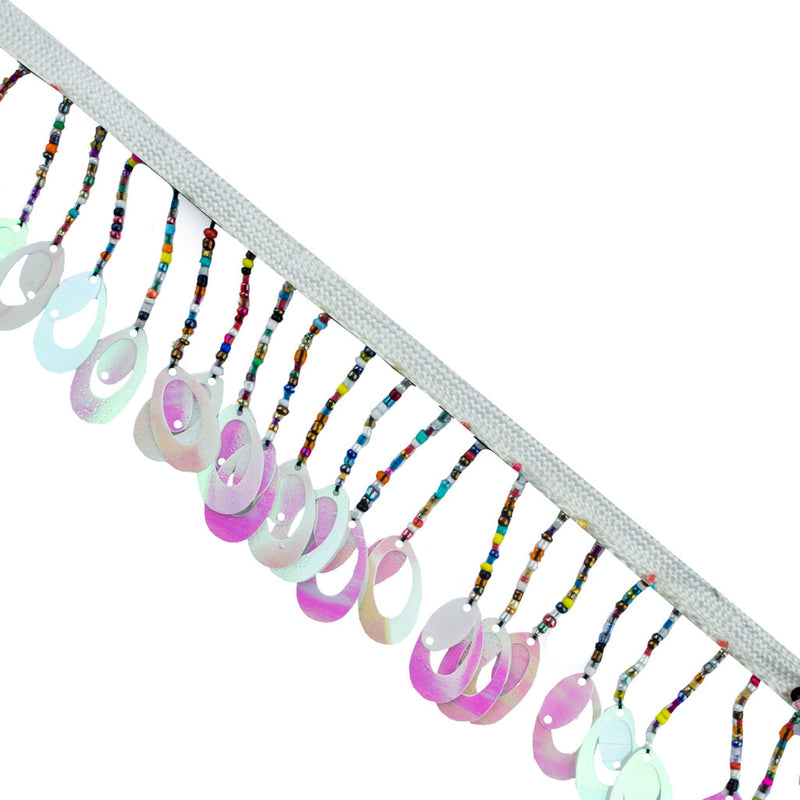 Teardrop shaped pink sequin trim with colourful beading.