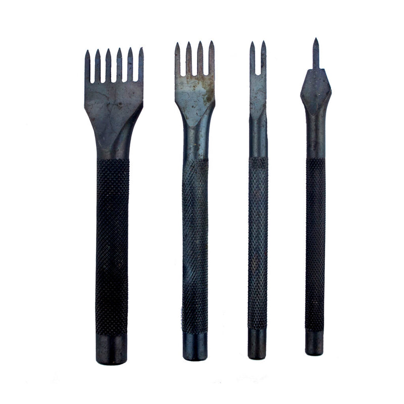 Set of 4 black tone metal lacing chisels on display