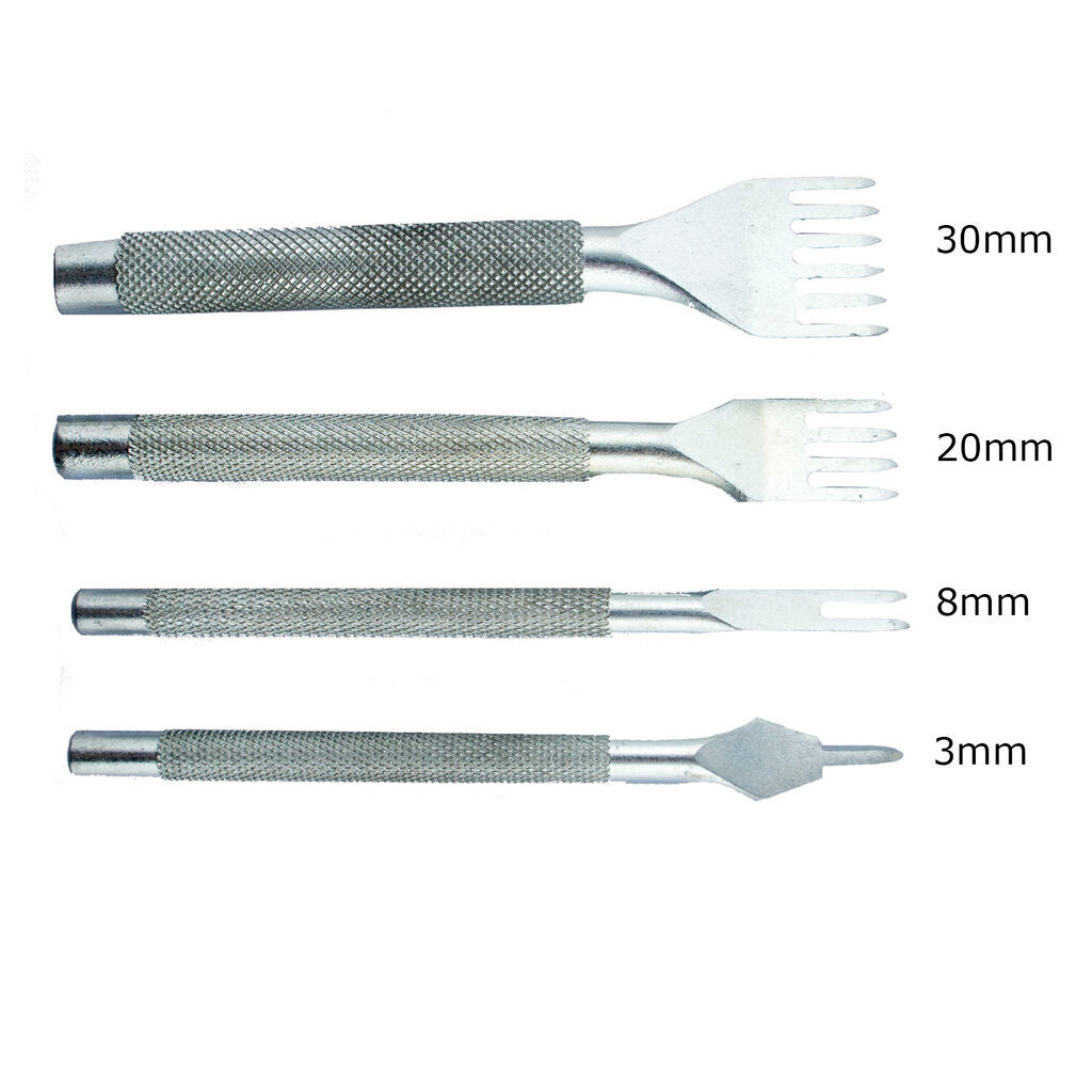 Set of 4 Premium Professional Silver Tone Metal Lacing Stitching Chisel Punch Tool - 1, 2, 4 and 6 Prongs 3mm Width