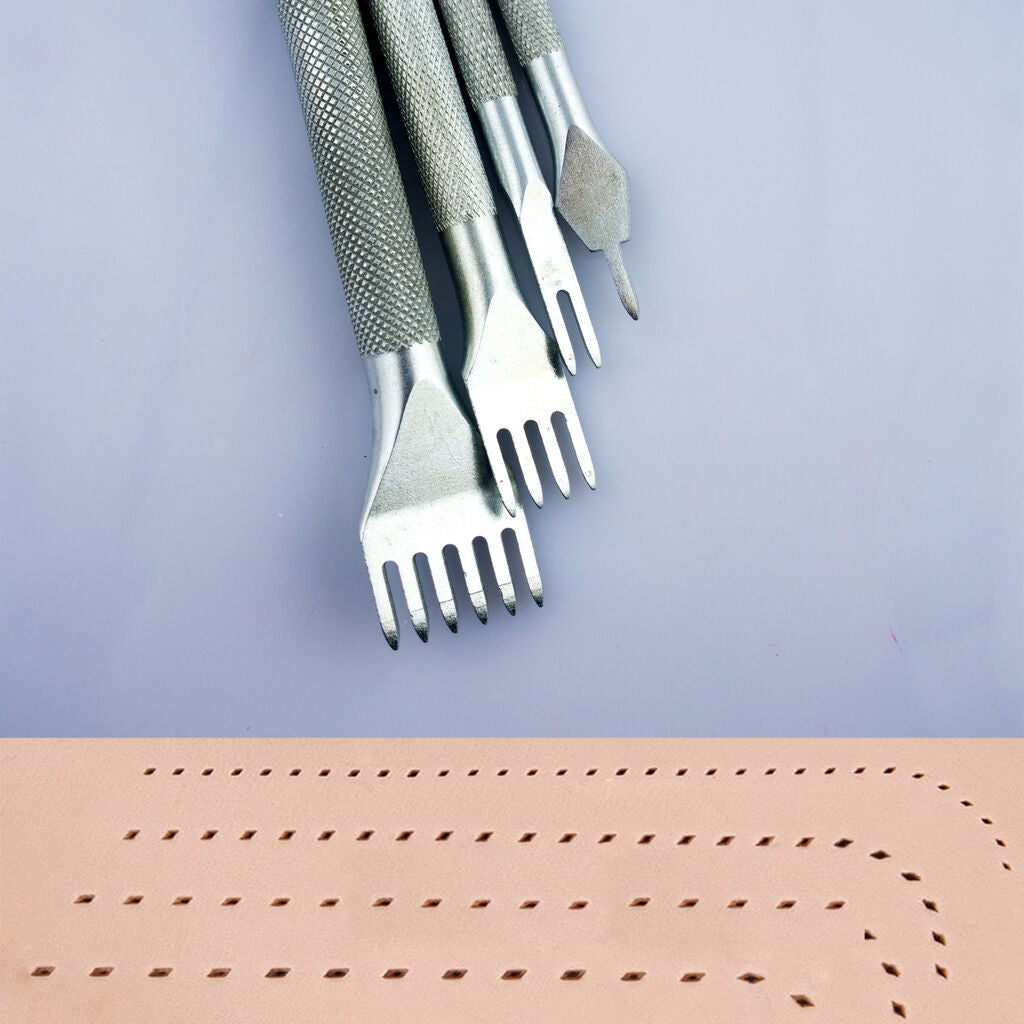 Set of 4 Premium Professional Silver Tone Metal Lacing Stitching Chisel Punch Tool - 1, 2, 4 and 6 Prongs 3mm Width