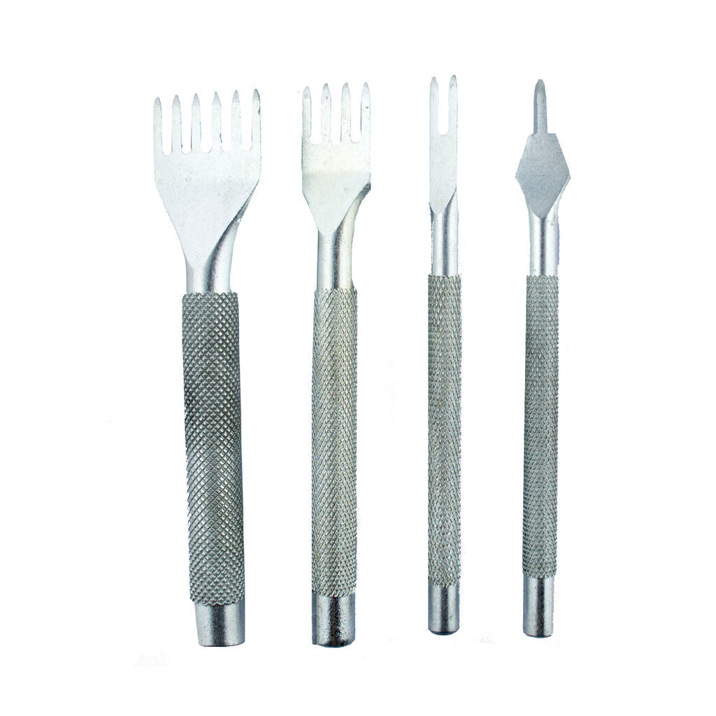 Set of 4 Premium Professional Silver Tone Metal Lacing Stitching Chisel Punch Tool - 1, 2, 4 and 6 Prongs 3mm Width