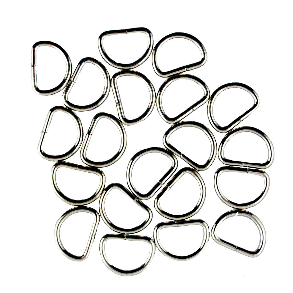 Silver tone 14 mm small D ring buckle on a white background