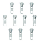Pack of 10 white No.5 zip pulls with automatic head sliders.