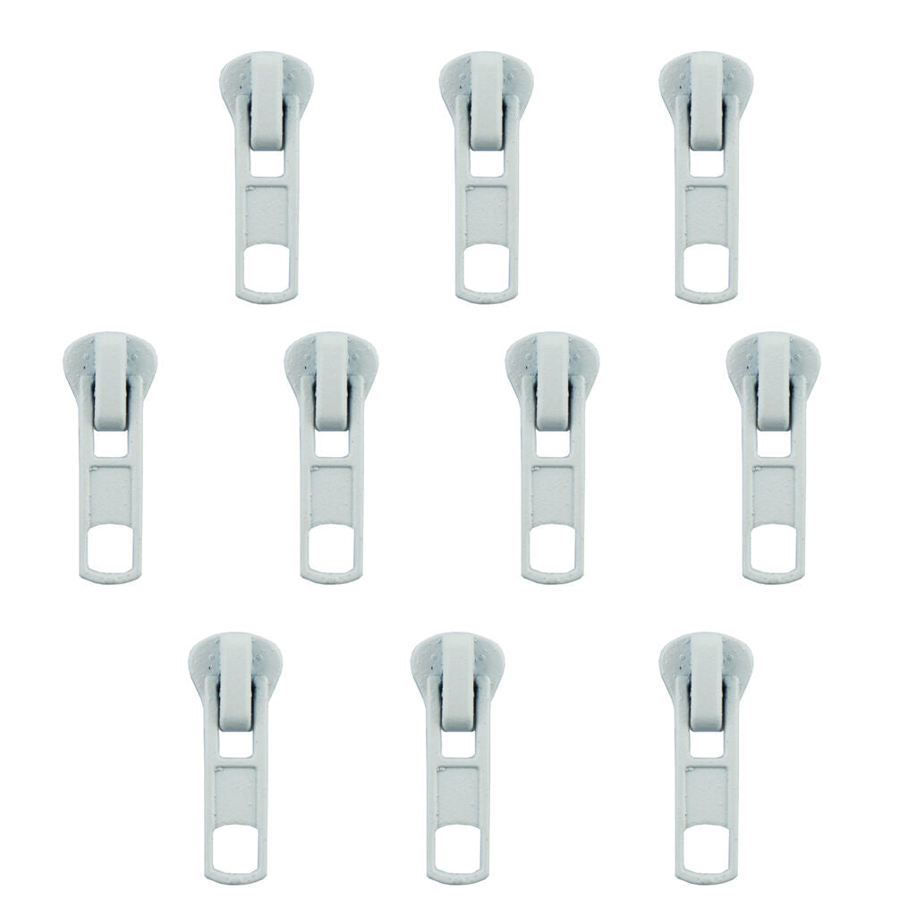 Pack of 10 white No.5 zip pulls with automatic head sliders.