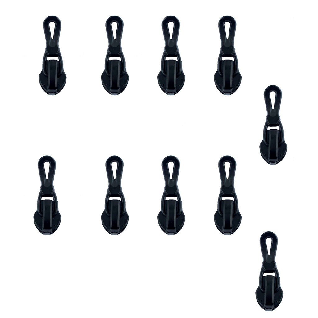 Pack of 10 waterproof black metal zip pulls with head sliders.