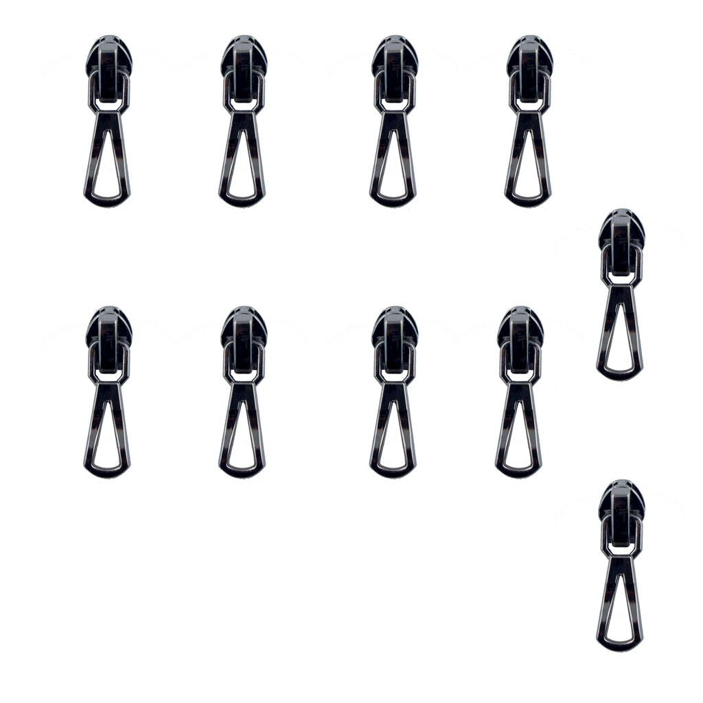 Pack of 10 waterproof gun metal tone metal zip pulls displayed