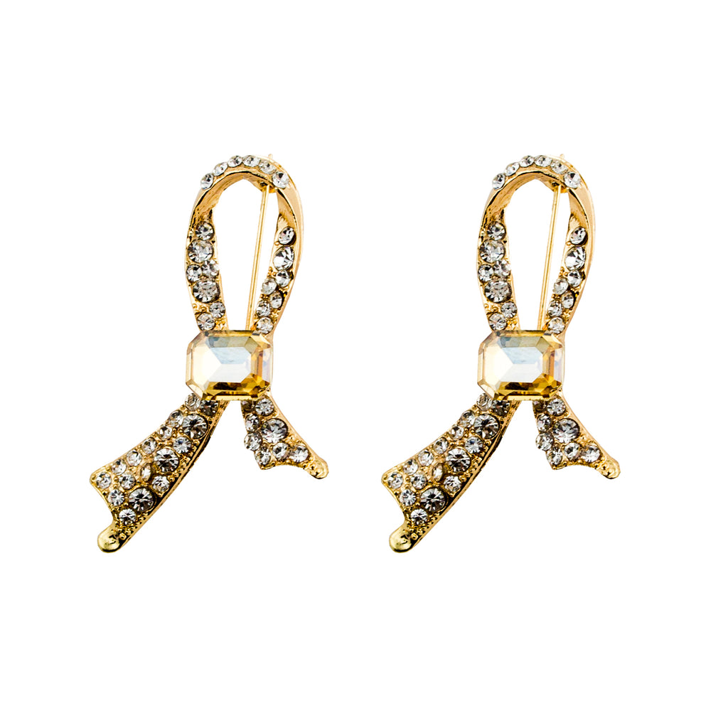 Elegant Crystal and Gold Tone Ribbon Loop Brooch with Lock Fastener - 50 mm x 25 mm - Pack of 2