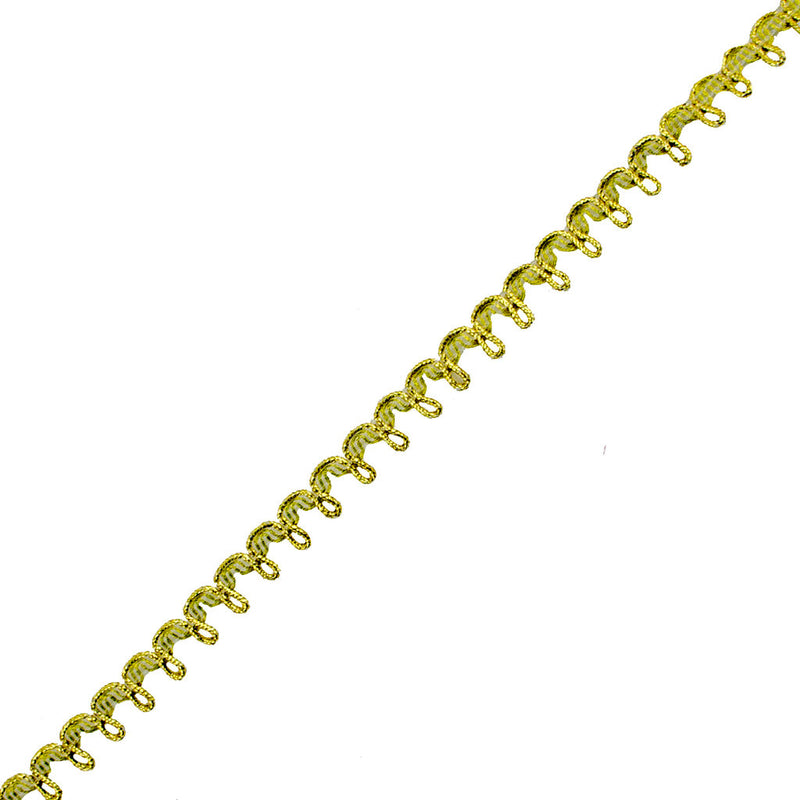 Gold metallic fabric sew in trim on a white background.
