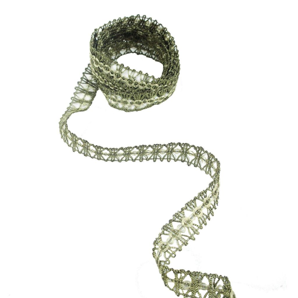 Antique gold metallic sew in trim displayed on a white background.