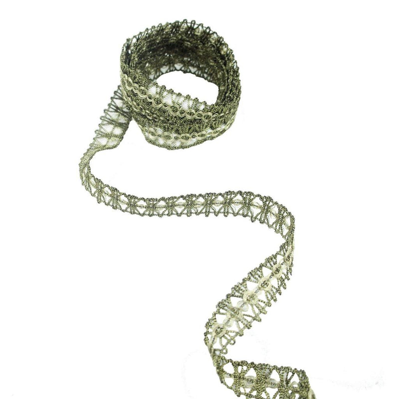 Antique gold metallic sew in trim displayed on a white background.