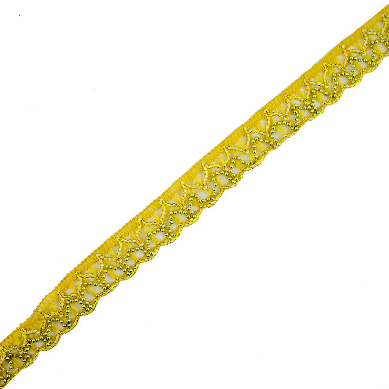 Close-up of gold beaded fabric trim showing intricate details.