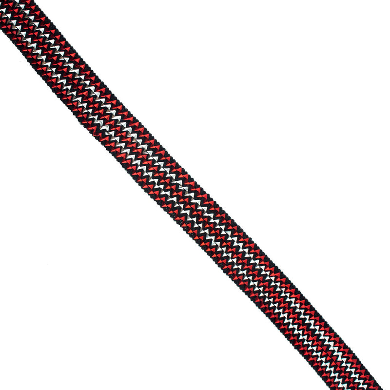 Close-up of red, silver and black metallic elasticated trim