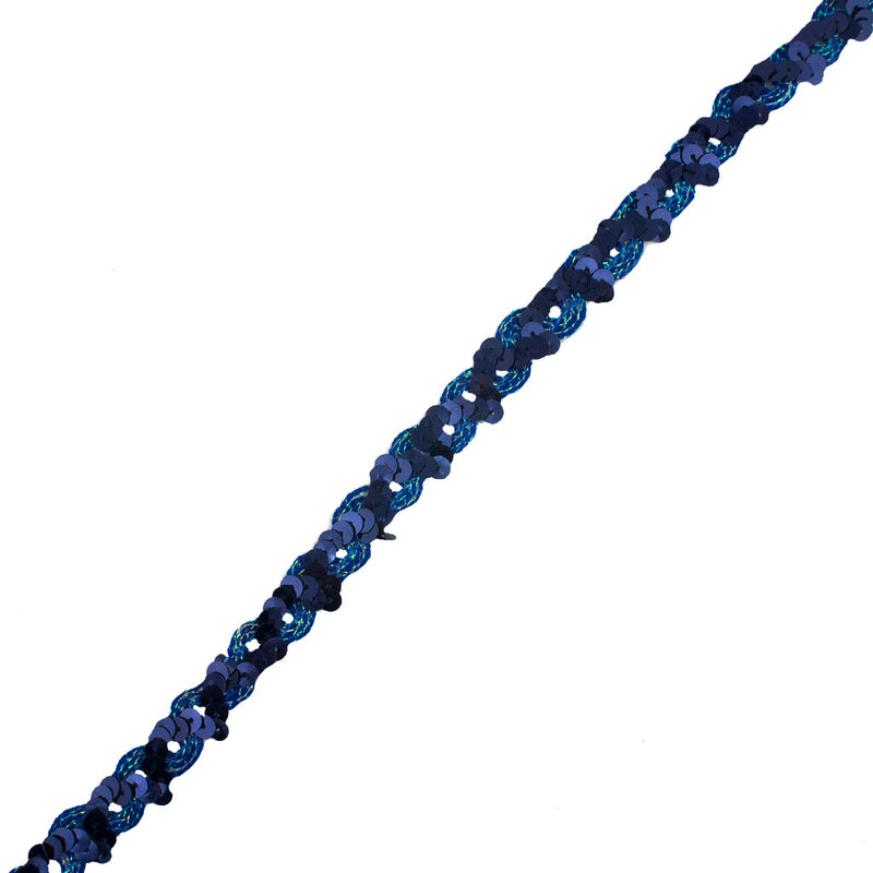Deep blue wave sequin trim displayed on a white background.