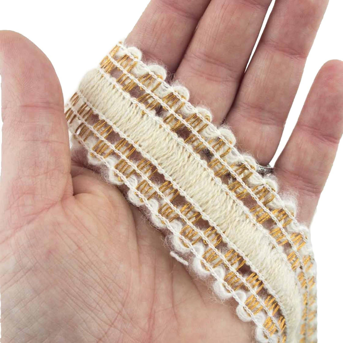 Cream knit metallic gold base velvet centre trim, 35 mm wide.