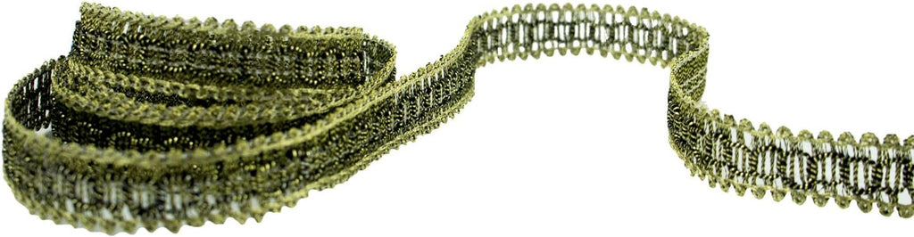 Detailed loop pattern of antique gold tone trim on a white background.