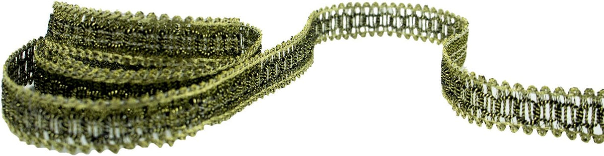 Detailed loop pattern of antique gold tone trim on a white background.