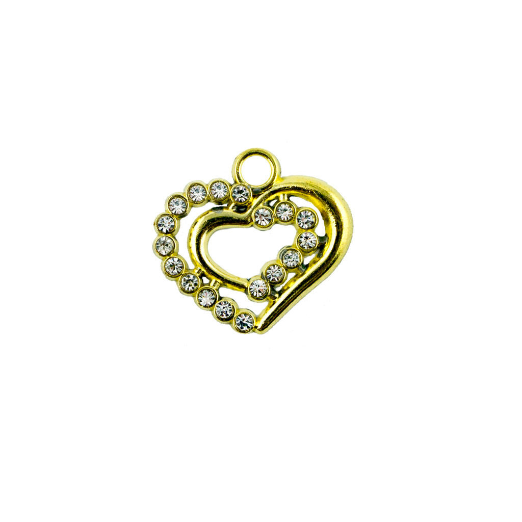 Five gold tone heart pendants displayed with clear zircon crystals.