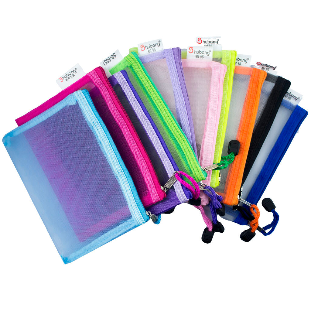 Close-up of a colourful nylon zip file, ideal for stationery storage.