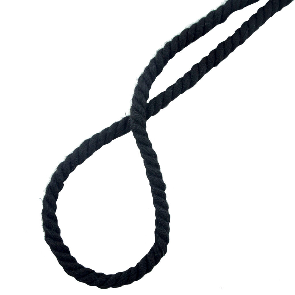 Close-up of black rope trim, showcasing its texture and thickness.