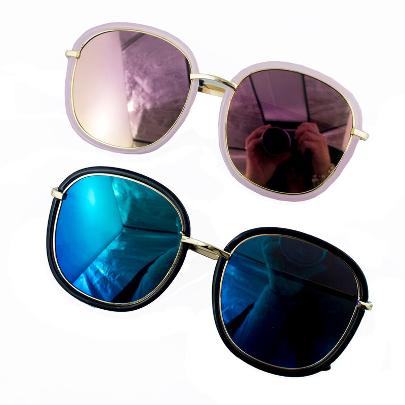 Two pairs of stylish round framed aviator sunglasses in various colours.