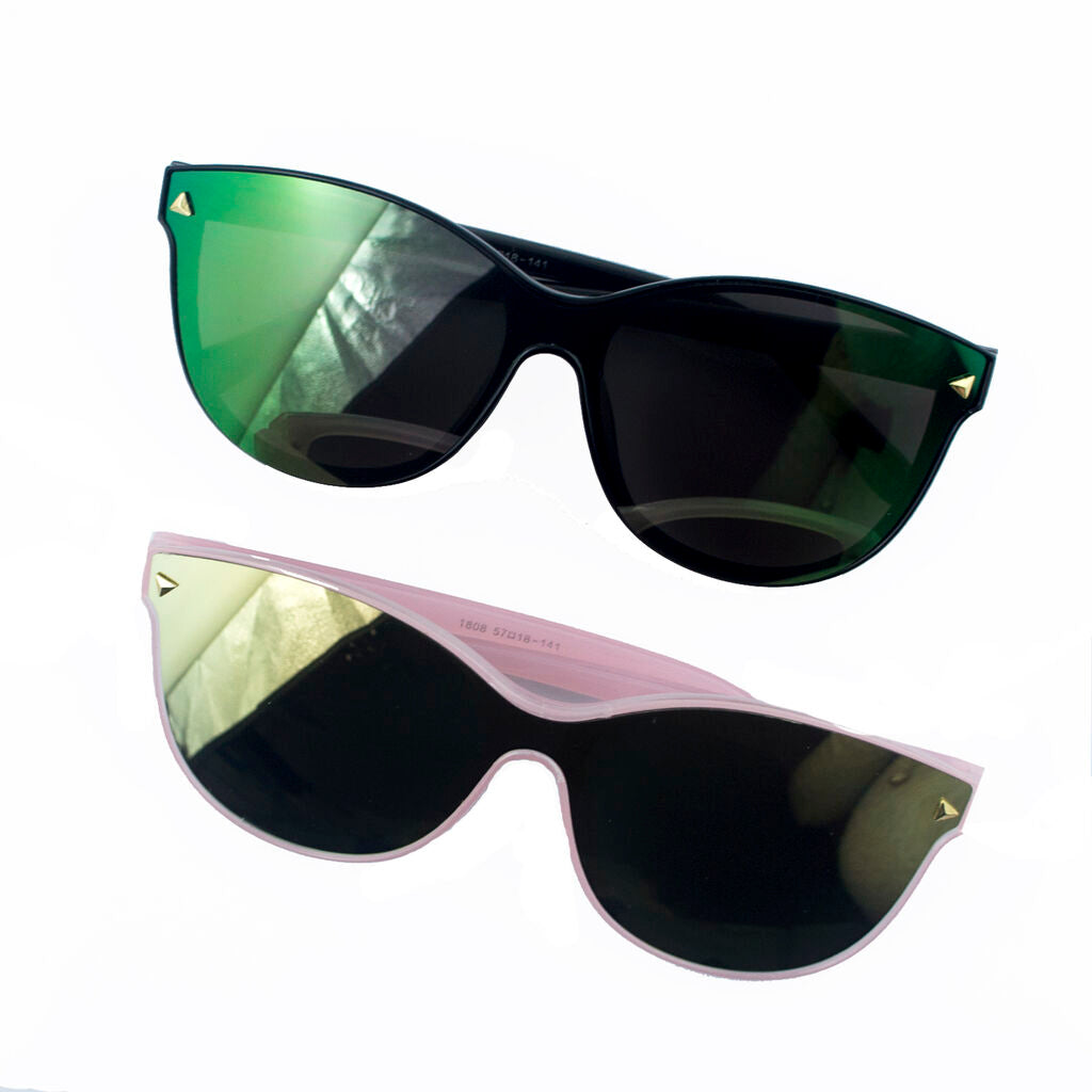 Two pairs of stylish mono lens sunglasses in various colours.