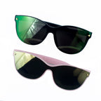 Two pairs of stylish mono lens sunglasses in various colours.