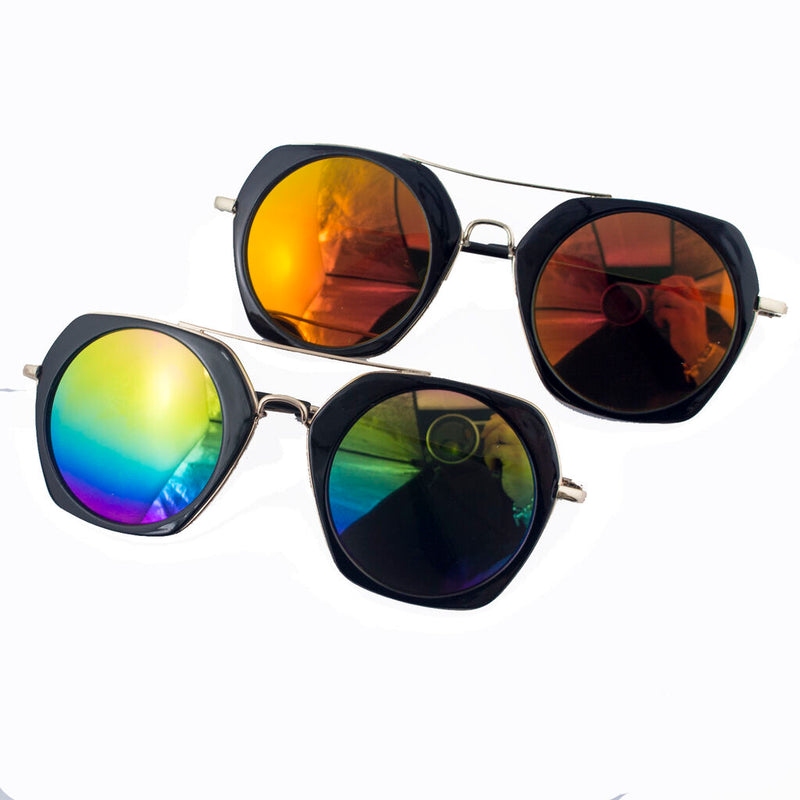 Two pairs of funky metal and black frame sunglasses displayed.